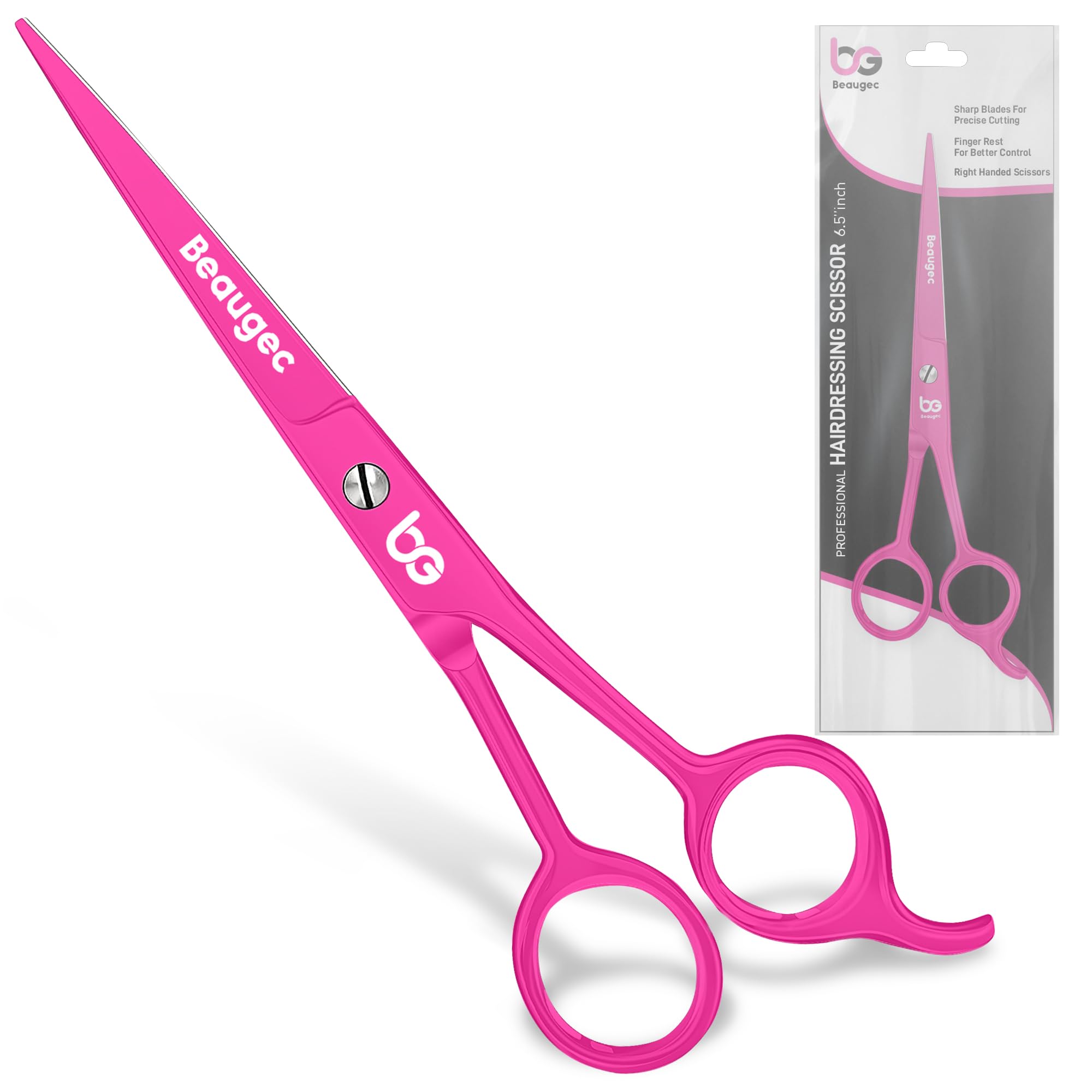 Beaugec Hot Pink Professional Hairdressing Scissors 6.5" Inch Barber Hair Scissor For Hairdressers Shears, Hair Cutting Shear For Salon & Kids