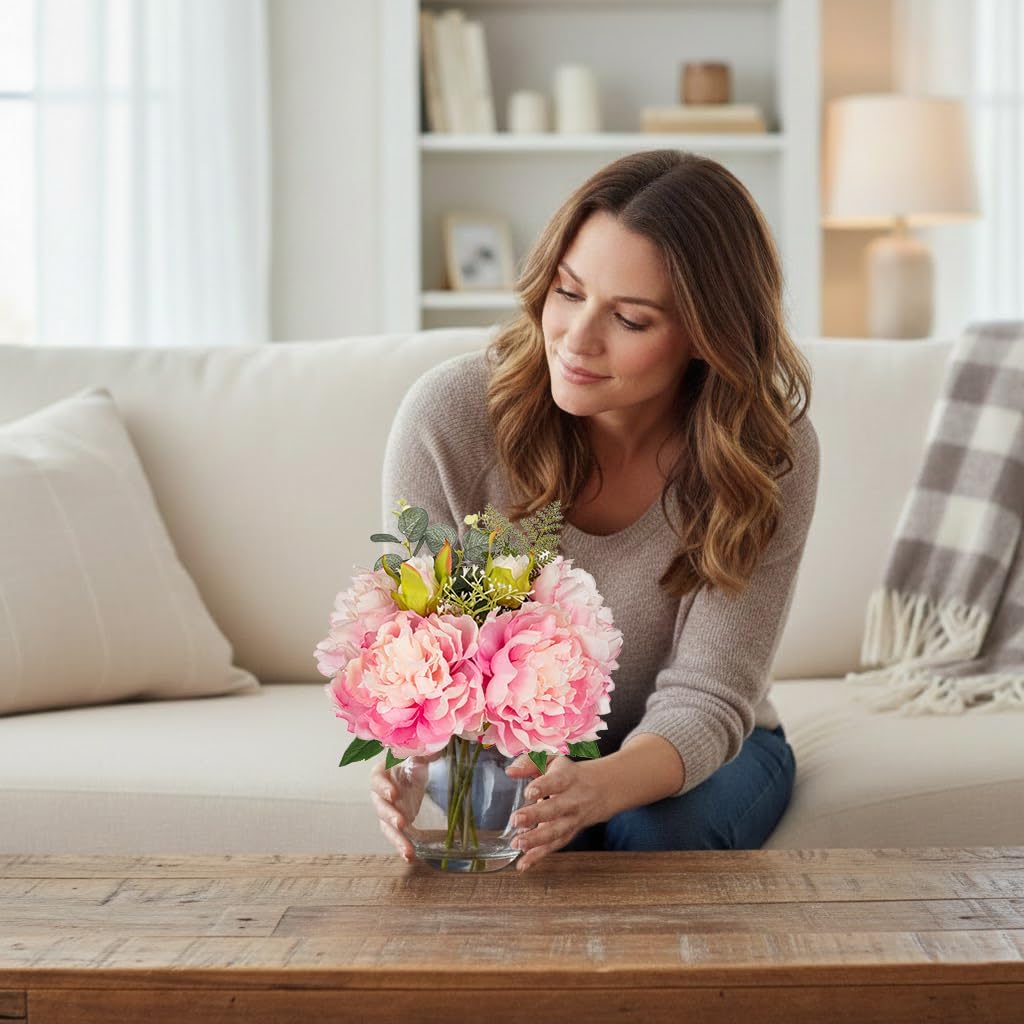 Hollyone Fake Flowers in Vase Pink Peonies Artificial Flowers Peony Bouquet Silk Flower Floral Arrangements with Glass Vase with Faux Water for Home Decor Bathroom Coffee Table Centerpiece Decorations