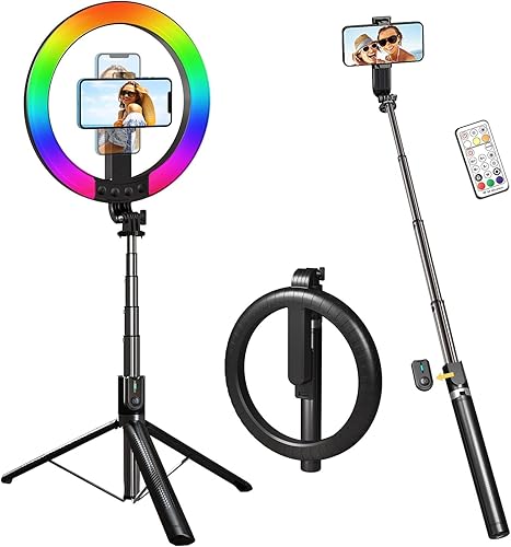 Miniatura 1 de Stjiatu Anillo de luz RGB portátil de 10 pulgadas con soporte de trípode y soporte para teléfono anillo de luz de viaje con soporte de 74 pulgadas 8