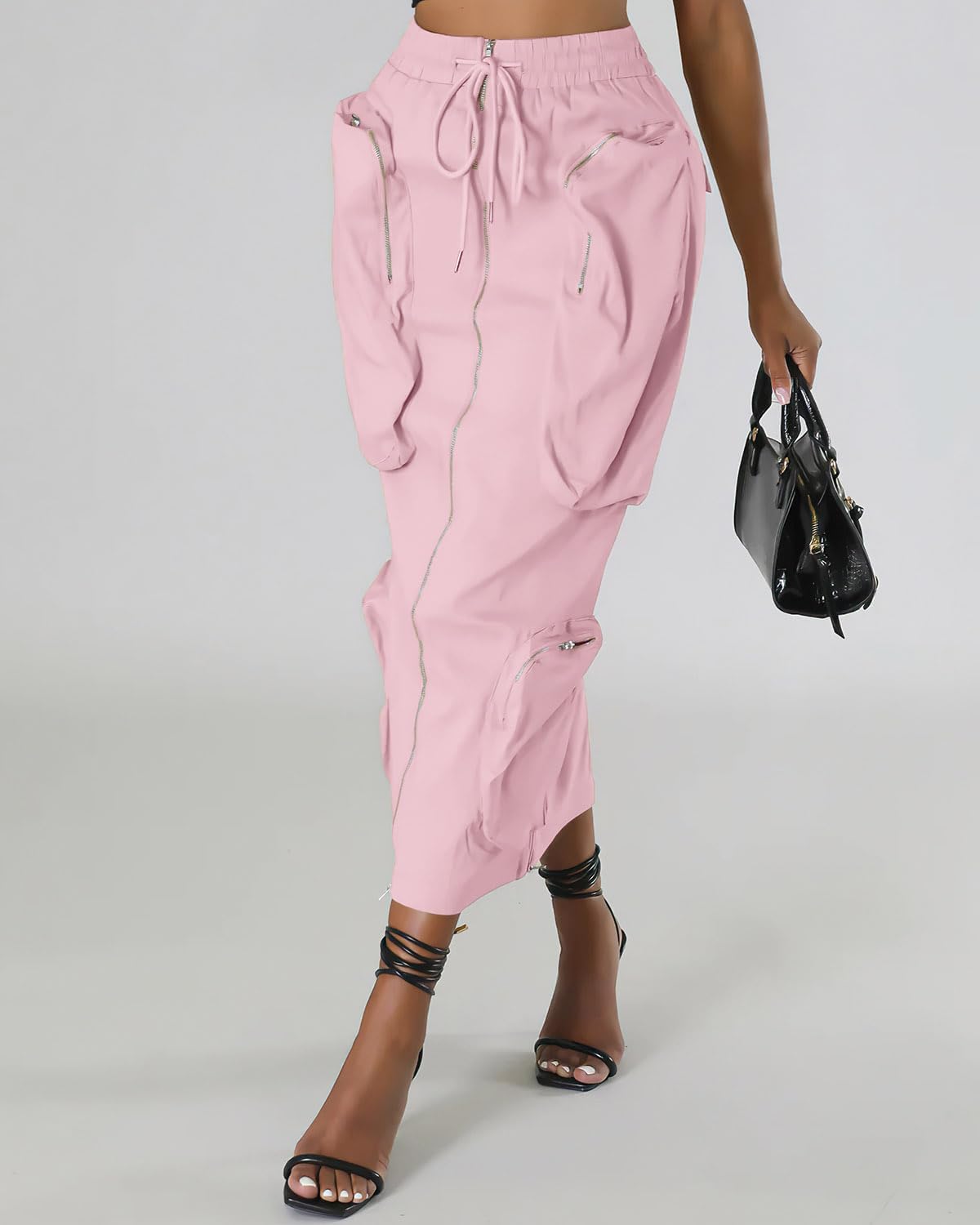 ebossy Women's Vintage 90s Drawstring Stretchy Zipper Muti-Pockets Pencil Long Cargo Skirt - Image 3