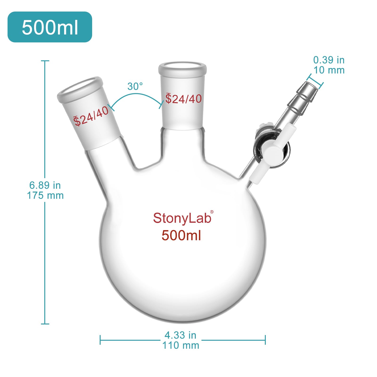 stonylab Fiole de Réaction à 2 Cols, Récipient à Fond Rond avec Robinet à Boisseau PTFE et Joints 24/40, pour Réactions de Laboratoire (500 mL Capacité)