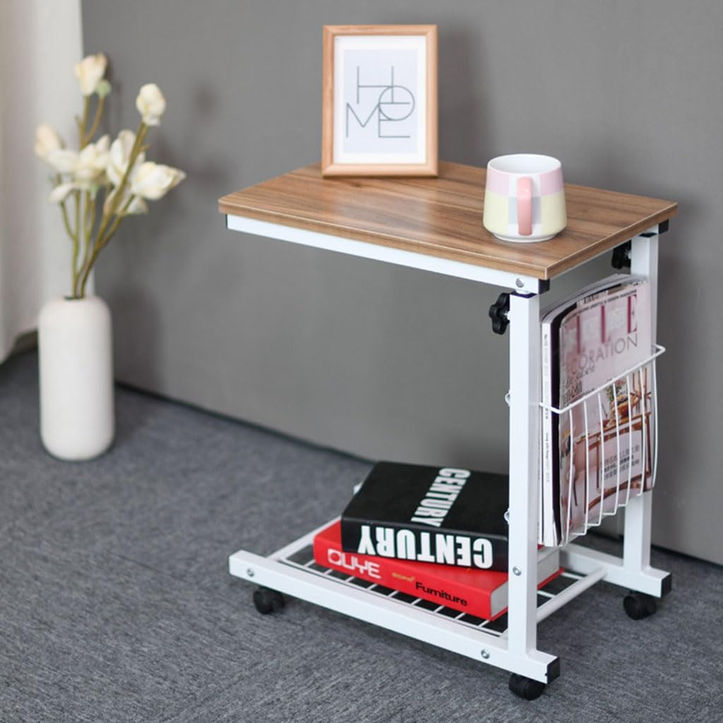 ASerZenith Storage Shelves Computer Table Height Adjustable Mobile Bedside Laptop Table Lift Small Coffee Side Table W/Wheels,Ancient Oak