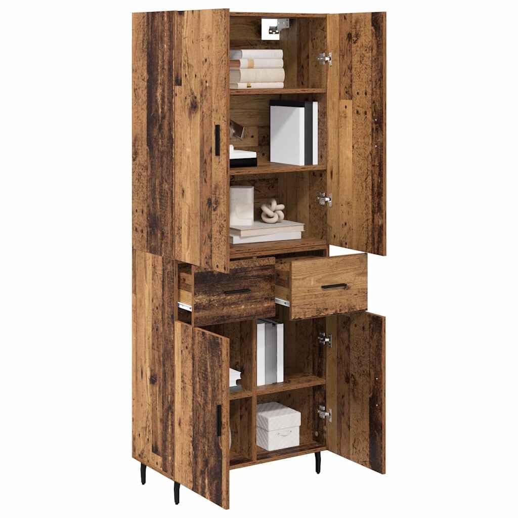 Buffet haut avec tiroirs en bois vieilli et verre, buffet moderne avec espace de rangement, armoire étroite pour salon, salle à manger, couloir, étagère fonctionnelle