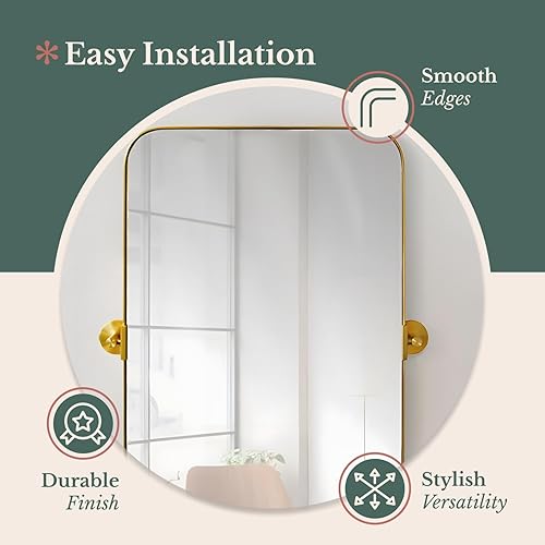 Miniatura 5 de Hamilton Hills Espejo con marco de metal dorado cepillado de 16 x 24 pulgadas, espejos pivotantes para baños, marco rectangular de esquina