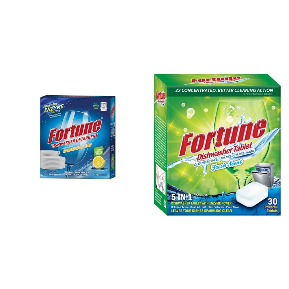 Fortune Dishwasher Detergent Powder- 1 Kg x 5 Pcs - Compatible with All Dishwasher Brands & Fortune 5 In 1 Action Dishwasher Fresh Scent Tablets - 30 Count (B0B9XHJGQV) Amazon Price History, Amazon Price Tracker