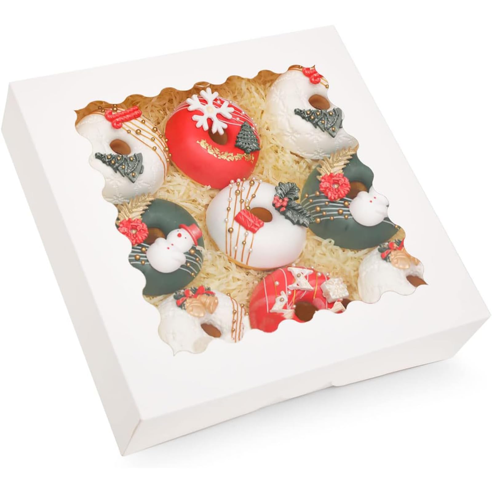 qiqee Cajas de pastel blancas con ventana de 10 x 10 x 2.5 pulgadas, 30 paquetes de caja de panadería para donas dulces y galletas
