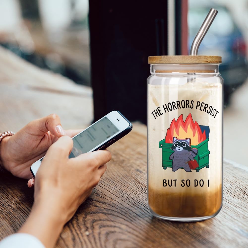 Raccoon Trash Fire Cartoon 16oz Glass Cup with Lid and Straw Gift for Coworker Friend - The Horrors Persist But So Do I, Funny Raccoon Dumpster Fire Birthday Gifts for Men Women Best Friend