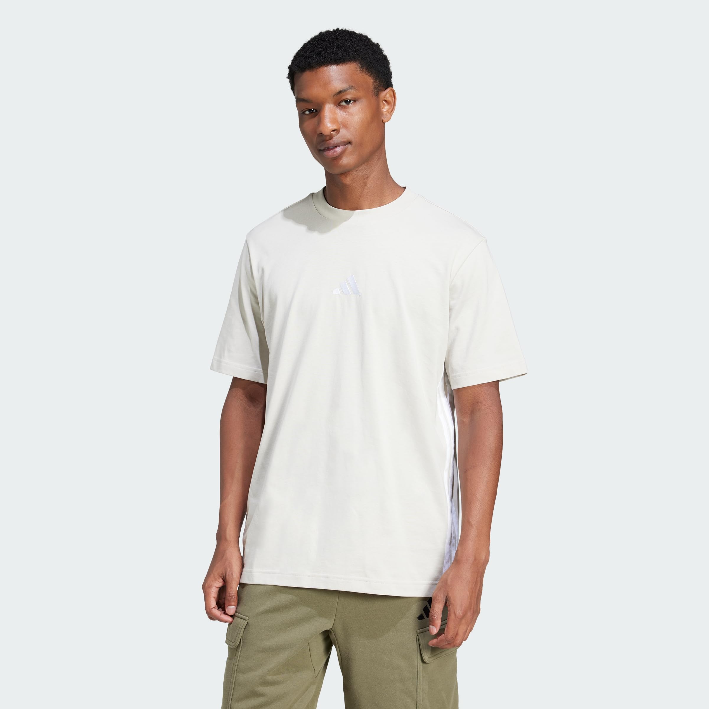 adidas Men's Essential Three Stripes Single Jersey Shirt, Wonder Alumina/White, XXL