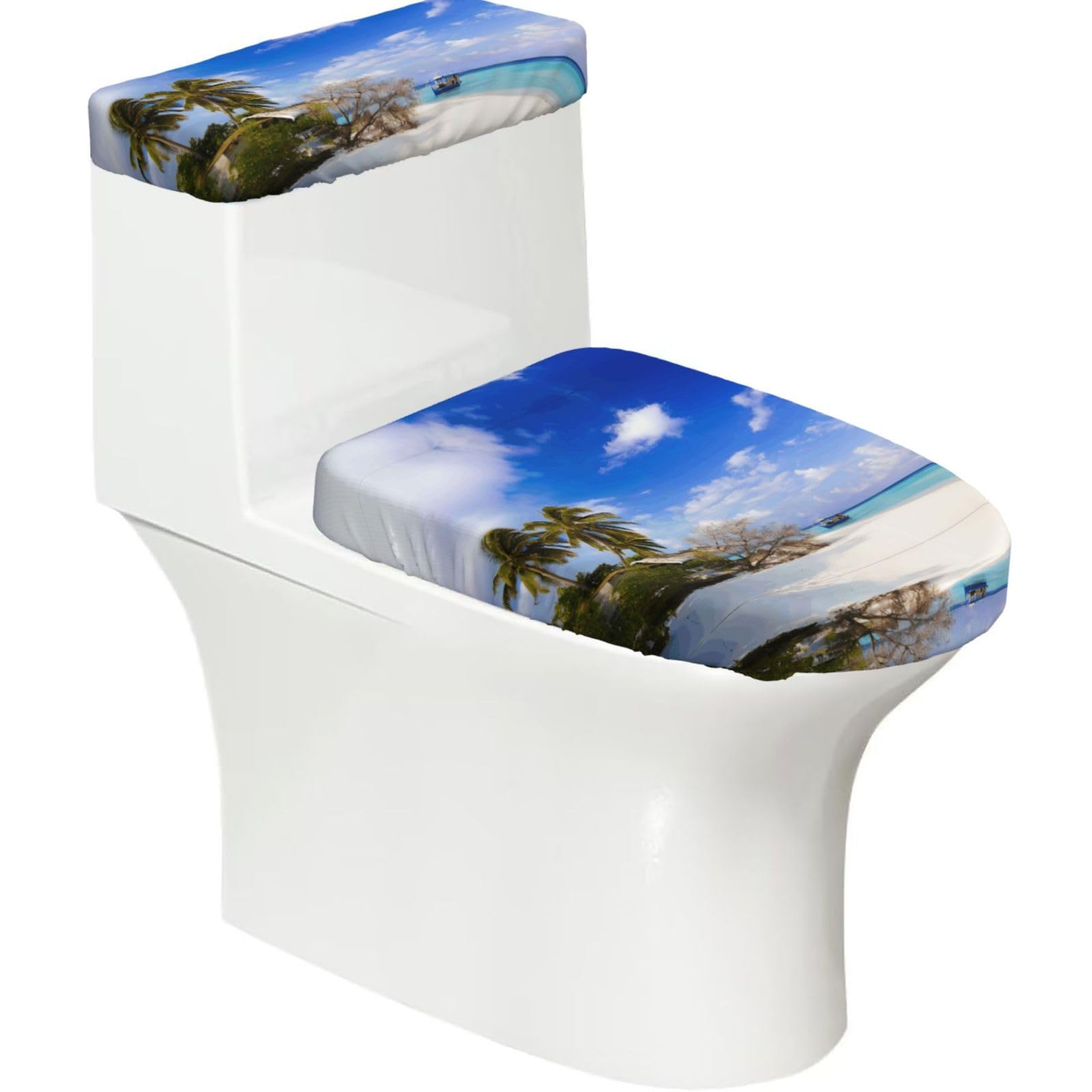 Wzycwb Black Sea Island Sky Clouds 2-Piece Toilet Seat Cover Set With Tank Lid, Elastic Fit For U-Shape & Elongated Toilets, Bathroom Decor, Housewarming Gift