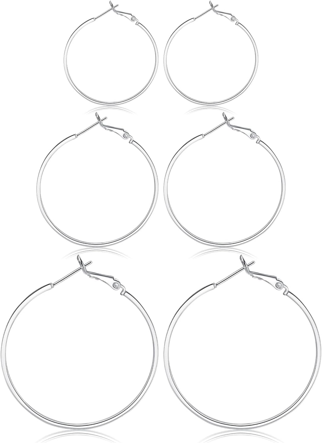 3 Pairs Sterling Silver Hoop Earrings - White Gold Plated Hoop Earrings Large Hoop clip-on Earrings Set Hypoallergenic Fashion Jewelry Gifts for Women 20/30/40mm（2 colors）