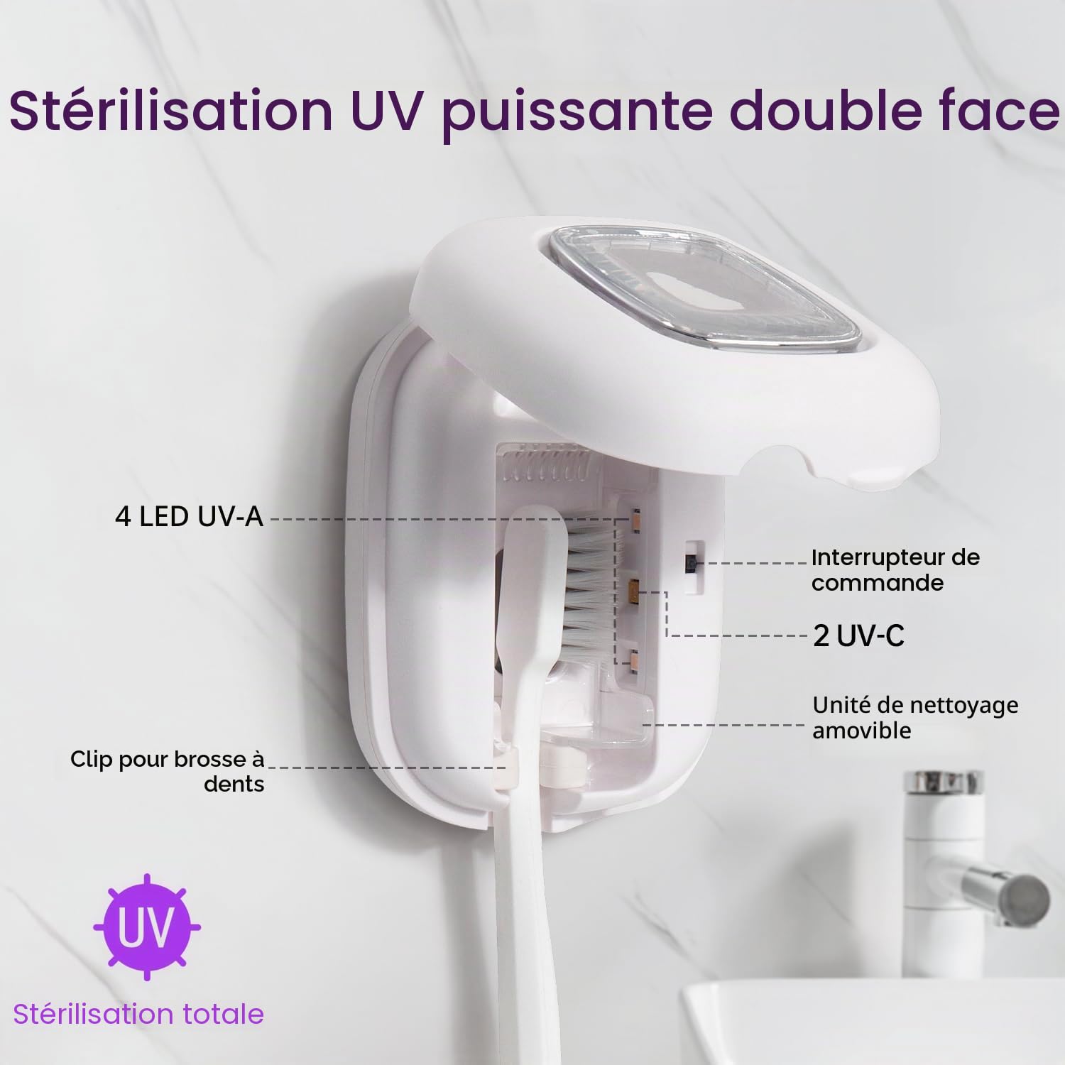 STB-047A Désinfectant pour brosse à dents avec deux lampes LED UVC - 2 × stérilisation pour une brosse plus propre, fenêtre transparente, support mural ou portable en option, s'adapte à la