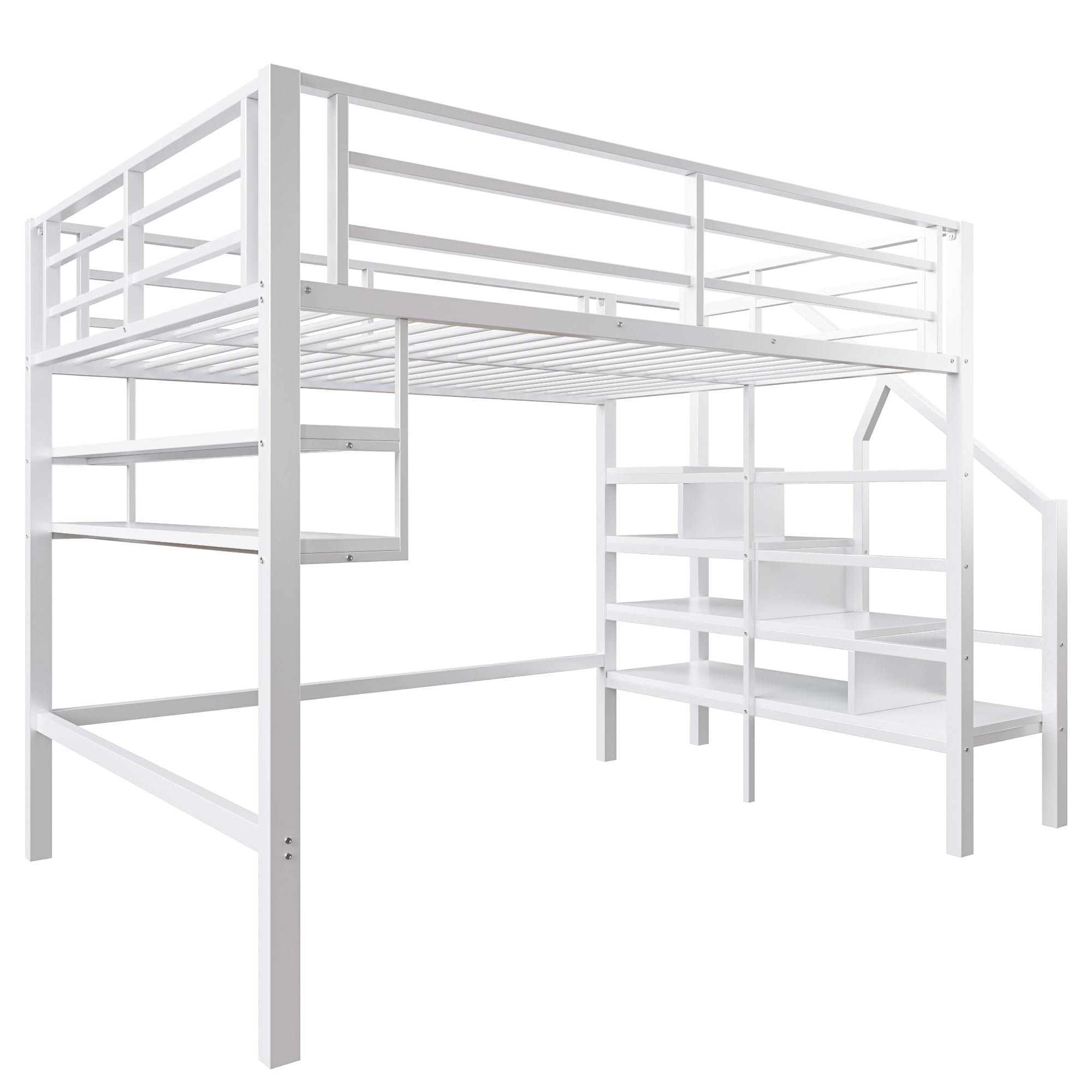 Letto per bambini a soppalco 140 x 200 cm, letto in metallo/ferro con protezione anticaduta e rete a doghe, scala di sicurezza con ripiano, letto a castello letto per ragazzi letto funzionale con