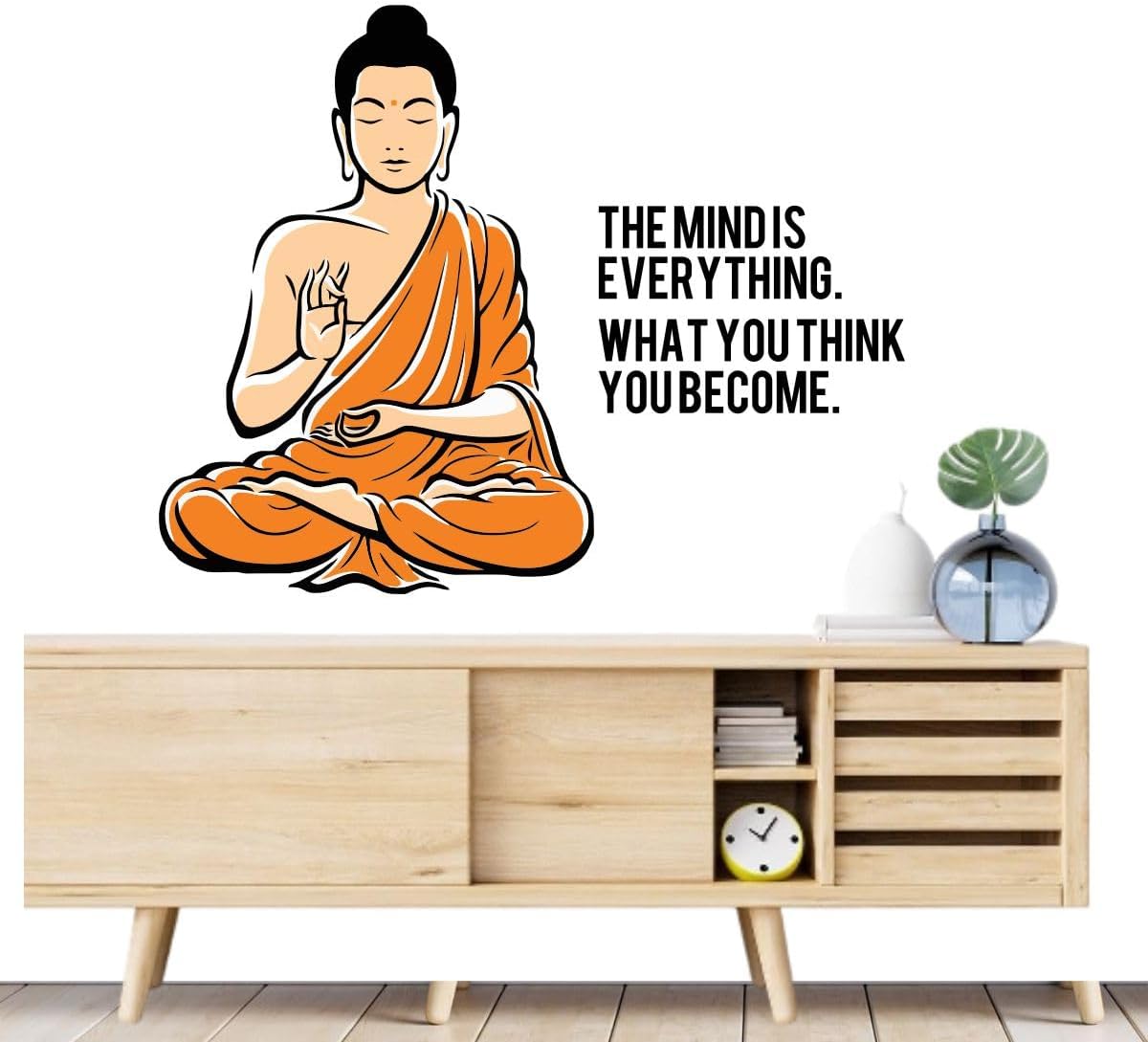 Rawpockets Decals ' Peaceful Buddha and Quote on Mind ' Large Size (Wall Coverage Area - Height 75 cms X Width 95 cms)(Pack of 1) Wall Sticker