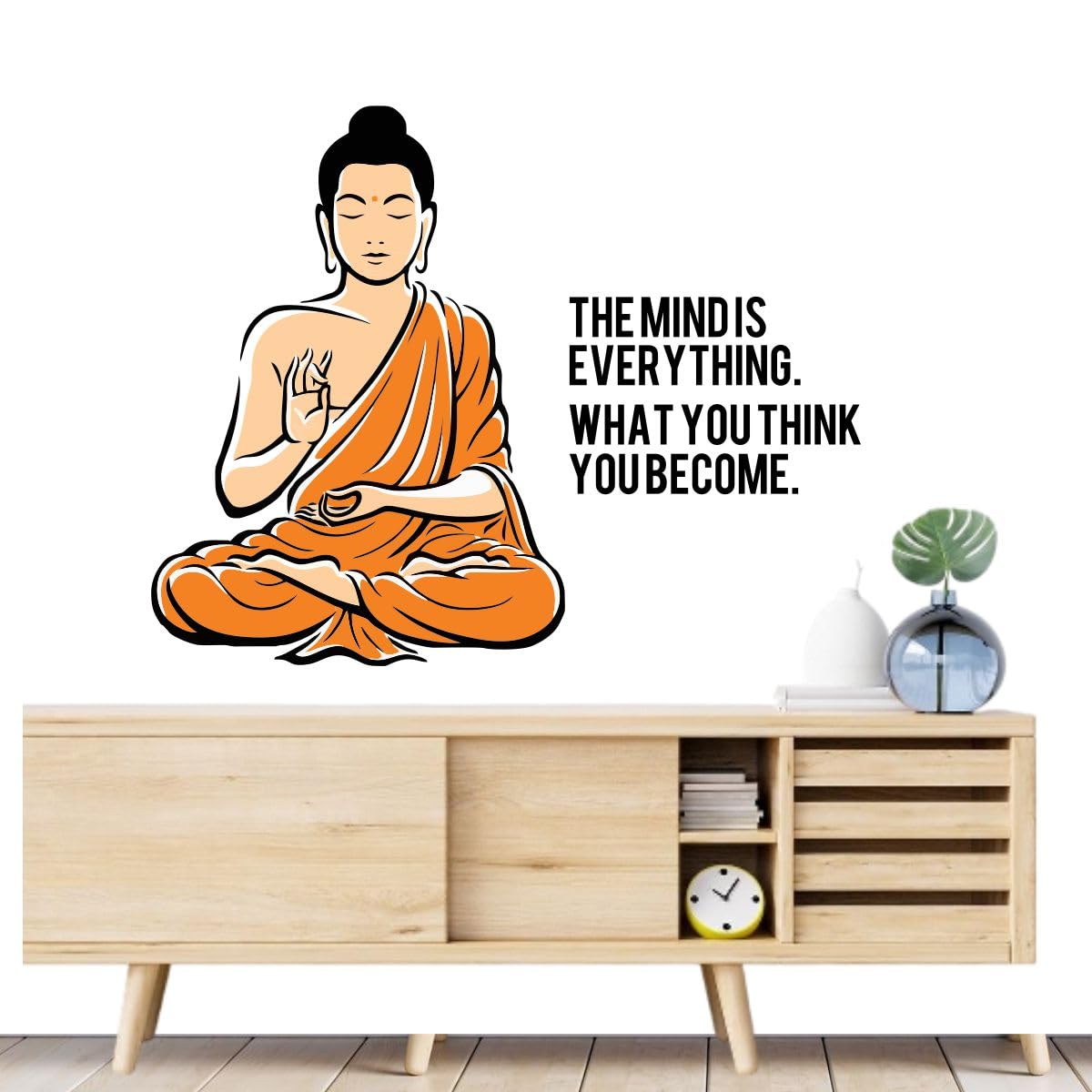 Rawpockets Decals ' Peaceful Buddha and Quote on Mind ' Large Size (Wall Coverage Area - Height 75 cms X Width 95 cms)(Pack of 1) Wall Sticker