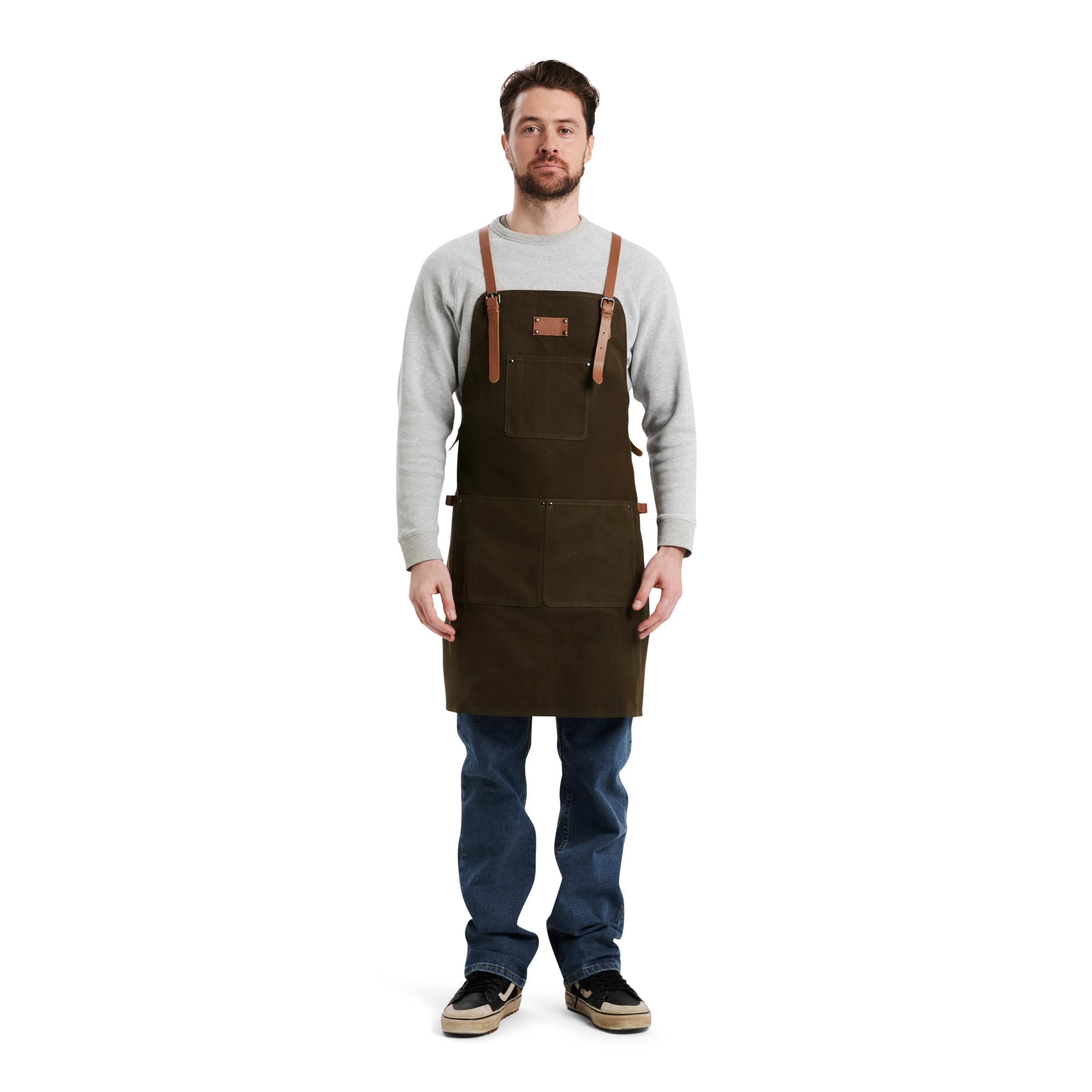 Theodore Tablier de travail en toile cirée, noir avec sangles en cuir marron, dos croisé, toile robuste de 414 g, utilitaire multi-poches