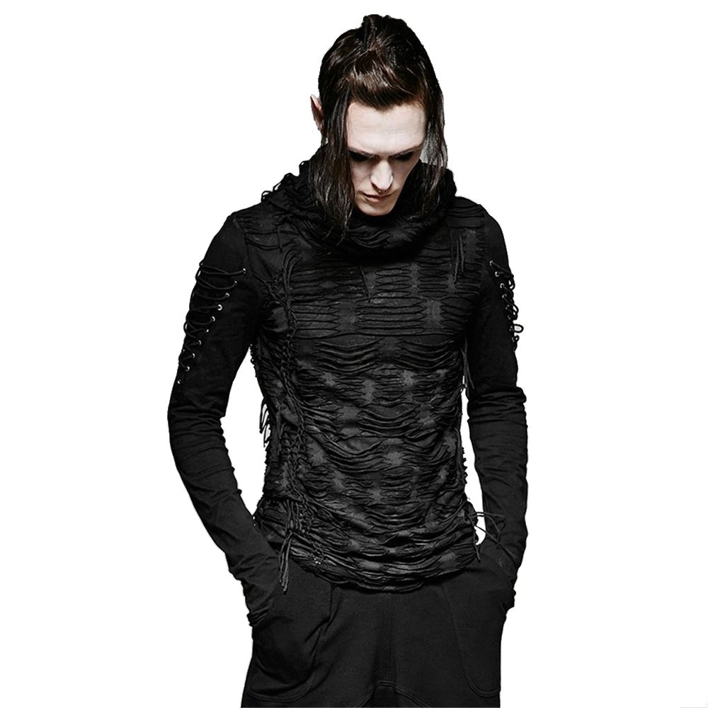 Punk RaveGothic Men Hole T Shirt Punk Hoodies Ripped Casual Tee Tops Long Sleeve Black T-Shirt