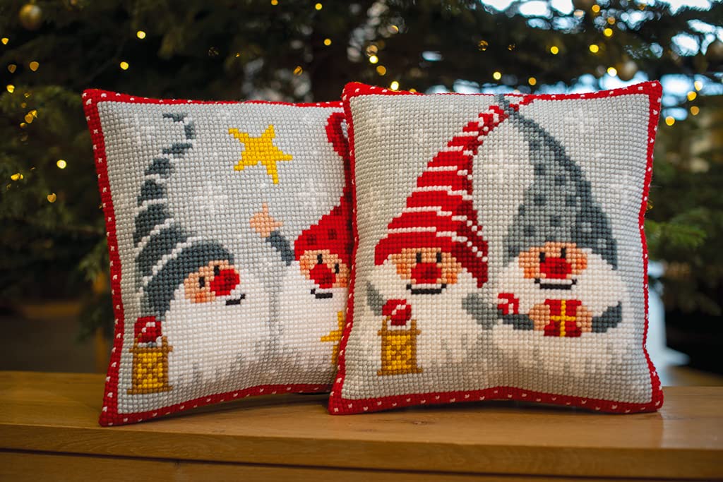 Kit Punto De Cruz Duendes Navidad | Cojín Decorativo 40x40 Cm | Kit Completo Para Principiantes | Manualidades Adultos