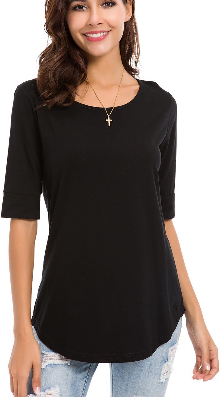 Summer Tops for Women Fashion Loose Fitting Mid Sleeve Crewneck Cotton T Shirts - Image 3