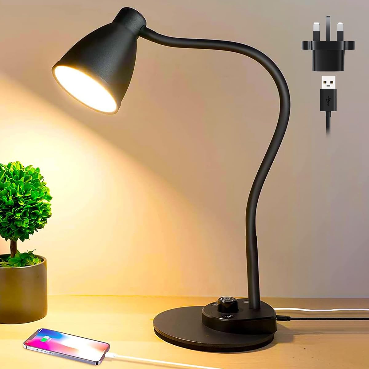 LED Desk Lamp,3 Color Modes,Table Lamp for Bedside with USB Charging Port,Flexible Gooseneck Task Lamp Auto Dimming for Reading Study(Black,Adapter Include)