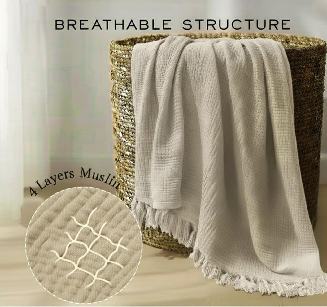 KyraHome 100% Organic Cotton 90"x104" King Size Muslin Blankets for Adults, Kids, Pre-Washed Plant Dyed, Breathable Cozy Gauze Bed Throw Blanket, All Season (Oatmeal Khaki) - Image 6