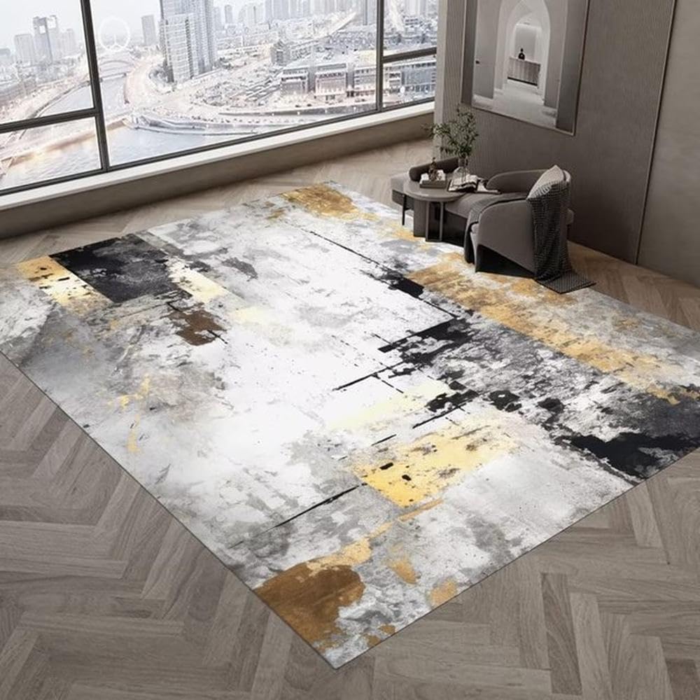 Tapis abstrait moderne de grande taille aux reflets dorés pour un salon élégant