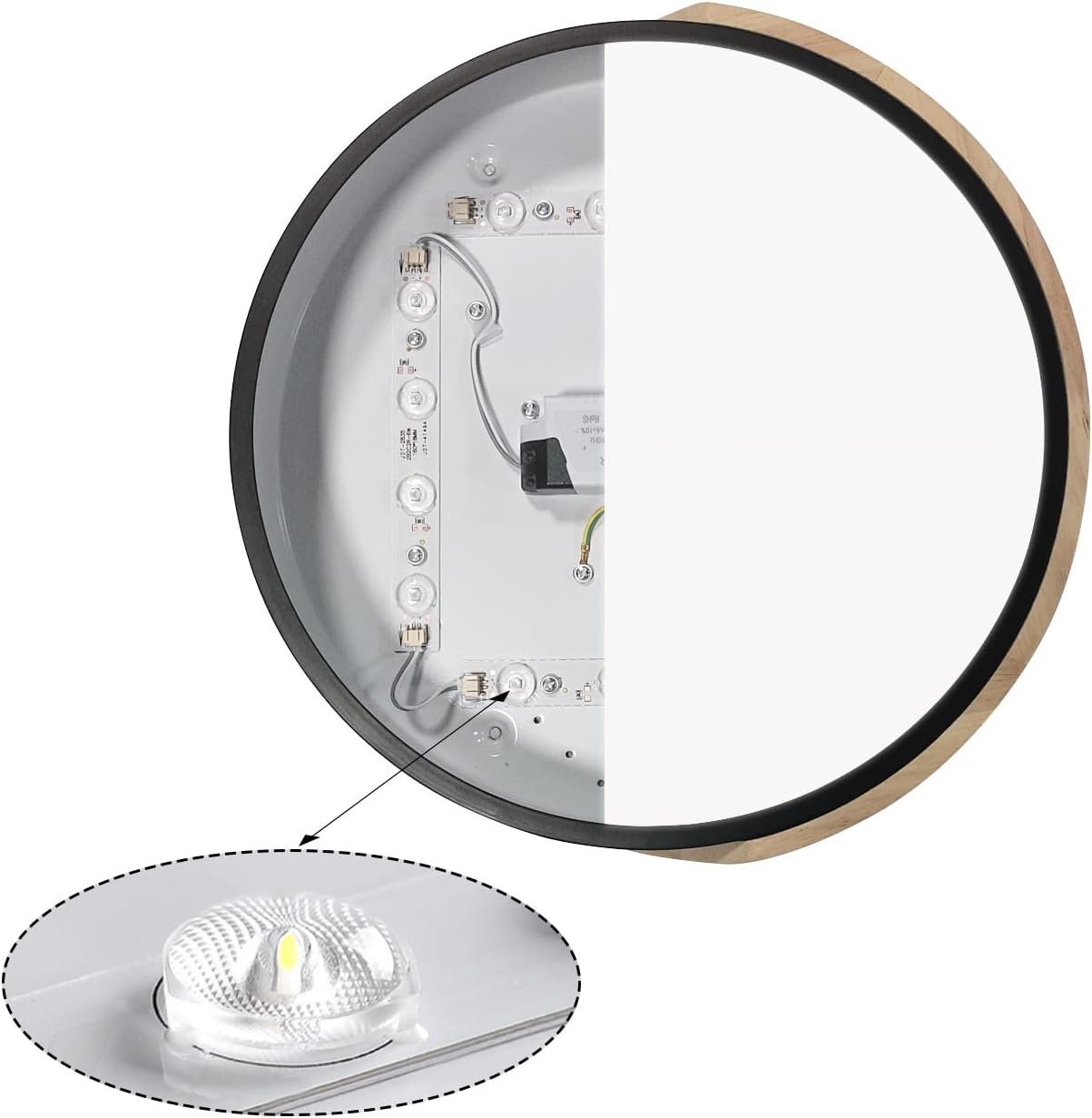 Three images showing the LuFun ceiling light emitting cold white, neutral white, and warm white light, with corresponding remote controls below.