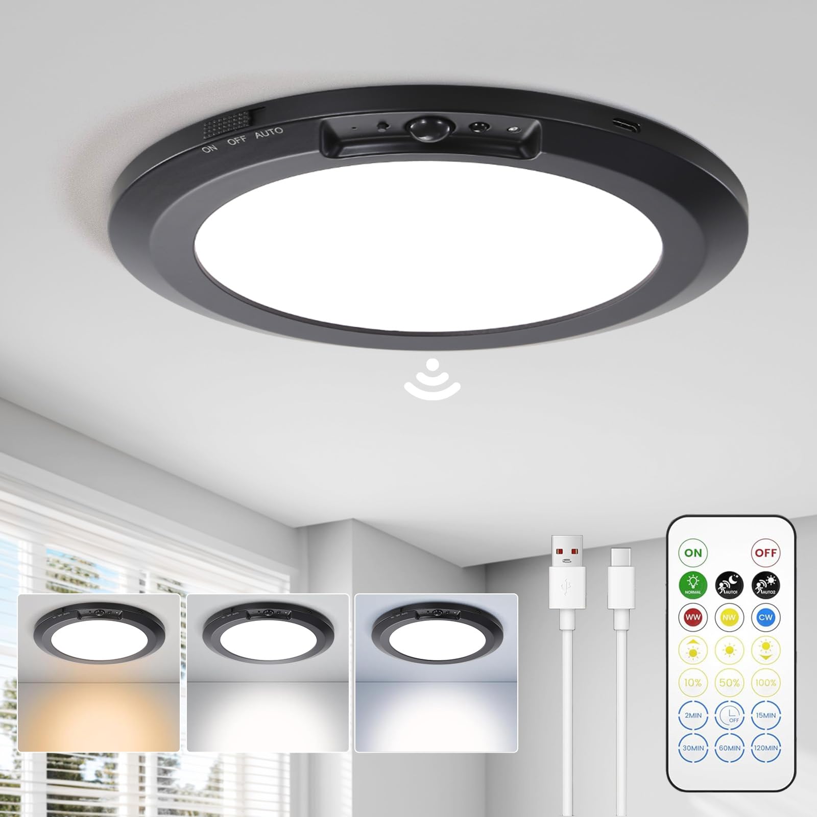 Rechargeable LED Ceiling Light - 10000mAh Battery Operated Bathroom Light with Remote 3 Colour Temperatures, Motion Sensor, Magnetic Mount, Wireless Indoor Ceiling Lamp for Garage Hallway Stair(Black) â image 1