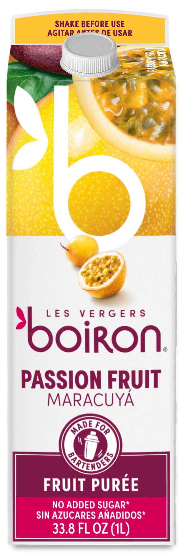 Les Vergers Boiron Passion Fruit Puree Drink Mix, All Natural, No Added Sugar, Non-GMO, No Preservatives, No Added Flavors, Vegan, For Beverages & Cocktails, 1 Liter (33.8 Fl Oz)