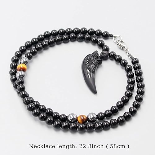 Miniatura 5 de Obsidian Wolf Necklace for Men, Natural Healing Crystal Mens Beaded Necklace, Black Obsidian Tigers Eye and Hematite Energy Stone Amulet Protection
