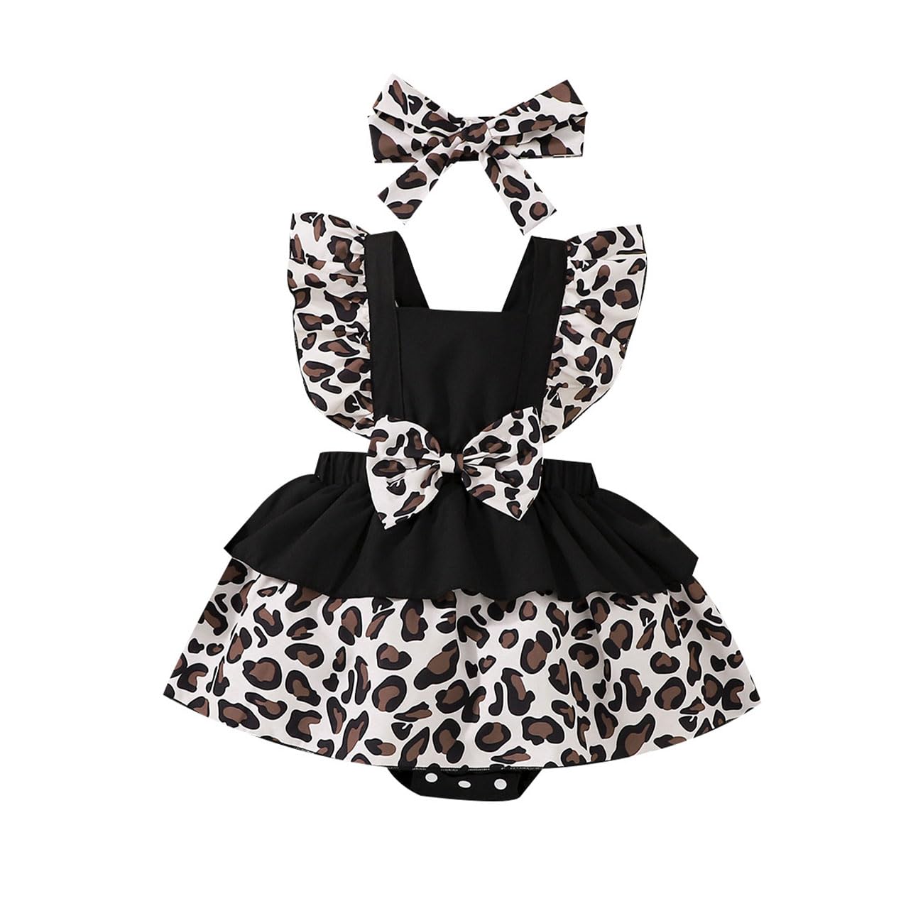 HEOXIN Baby Mädchen Leopard Print Hosenträger Kleid Bowknot Stirnband Kleiderset, ärmellos Rundhalsausschnitt Strampler A-Linie Rückenfreies Prinzessinnenkleid für Geburtstag 1-18 Monate, Schwarz