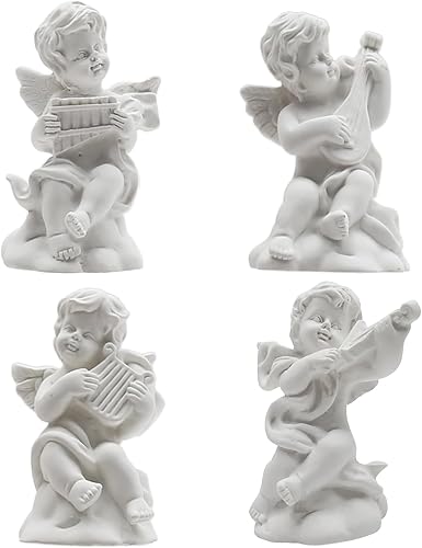 4 piezas de estatua de ángel pequeño, figura de resina, adorable escultura musical querubín, estatuilla de estantes, decoración del hogar