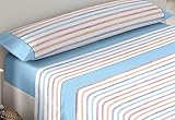 Juego de sábana de 3 piezas estampada de la marca Icelands. Composición: 50% Algodón - 50% Poliéster. Calidad tejido: 30/27 gr - Alta Calidad. Confeccionado con aplicación y biés. Bajera ajustable con alto especial de 30 cms. Válido para largos de colchón 190/200 mts.