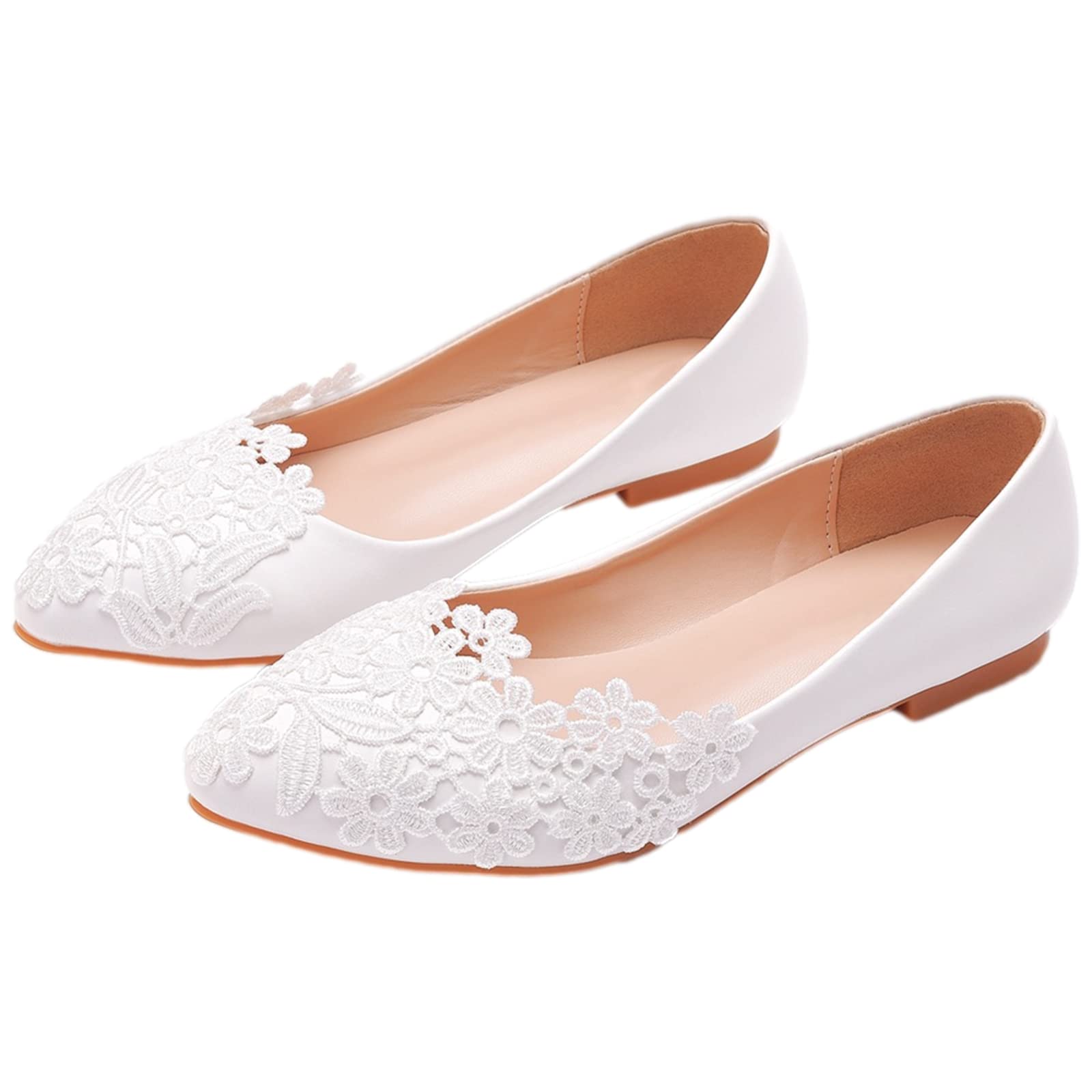Femme Élégant Bout Pointu Fleur Dentelle Perle Chaussures de Mariée Escarpins Semelle Souple Ballerines