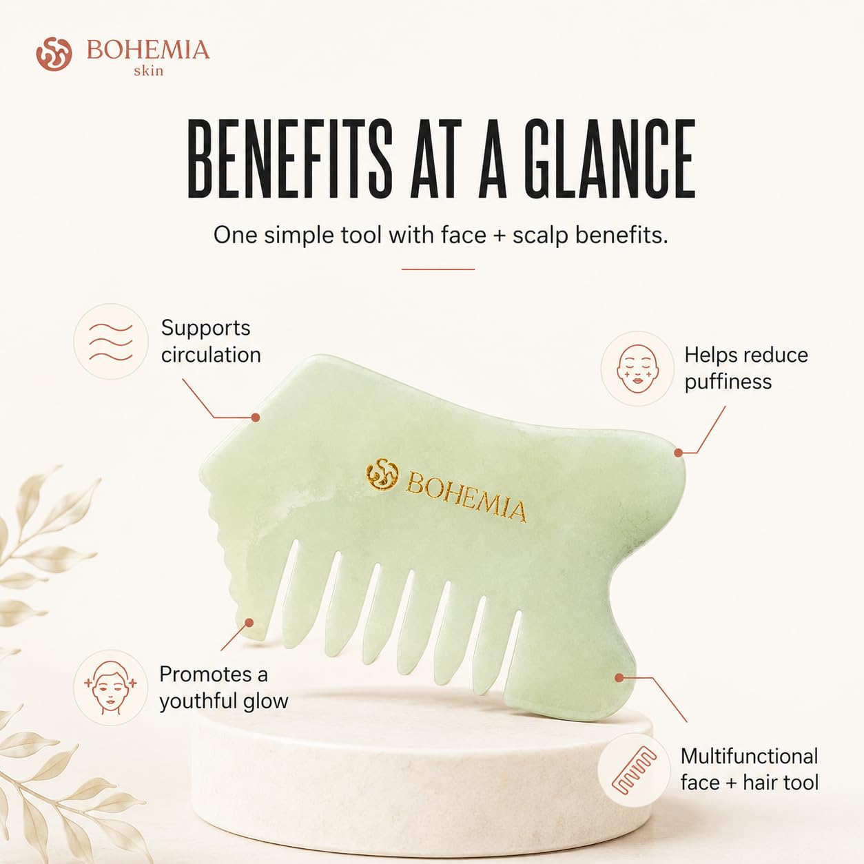 Bohemia Skin Jade Gua Sha Peine para el cabello y masajeador facial, auténtica herramienta facial Gua Sha para dar forma a la mandíbula, masaje del cuero cabelludo, drenaje linfático y cuidado de la