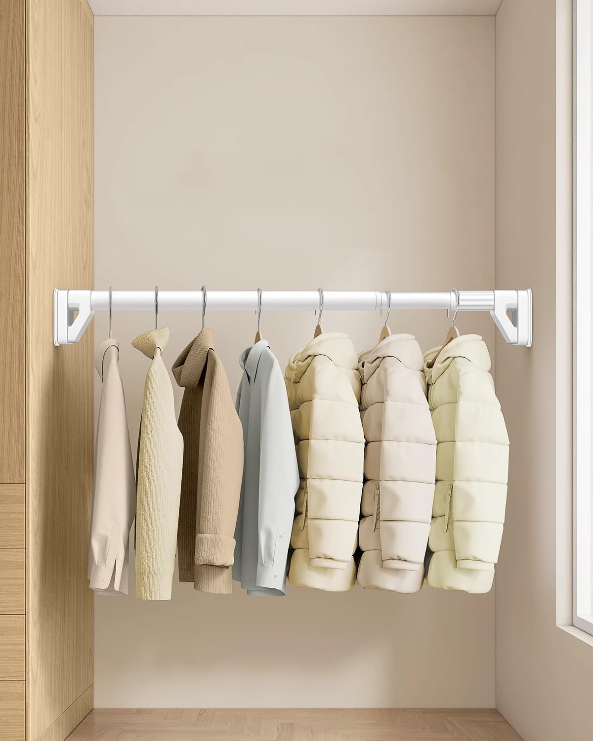 Wardrobe Rail Stainless Steel No Drill Clothes Closet Bar, Adjustable Wall Mount Expandable Shower Curtain Rods with End Supports, Valet Garment Organizer(White,100-170cm(39.4-66.9in))