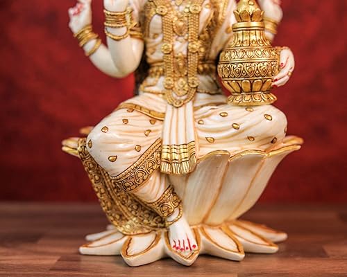 Miniatura 7 de SHIVAJIARTS Gran estatua Lakshmi, 12.2 in pintado a mano polvo mármol diosa lakshmi ídolo en loto. diosa hindú del dinero, riqueza, abundancia y