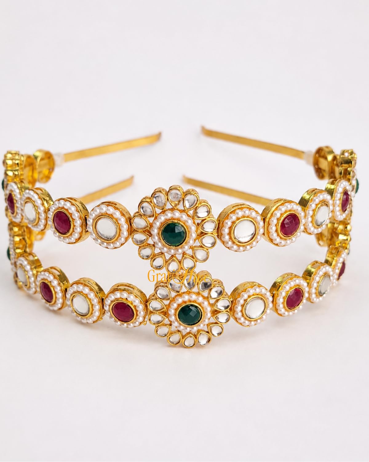 Flower Kundan Mathapatti Hairband with Green & Red Stones and Pearls | Gold Plated Bridal Headband | Traditional Hair Accessories for Women | Mathapatti Hairband & Sheesh Patti Wedding Hair Accessories (Pack of 1)-image-38