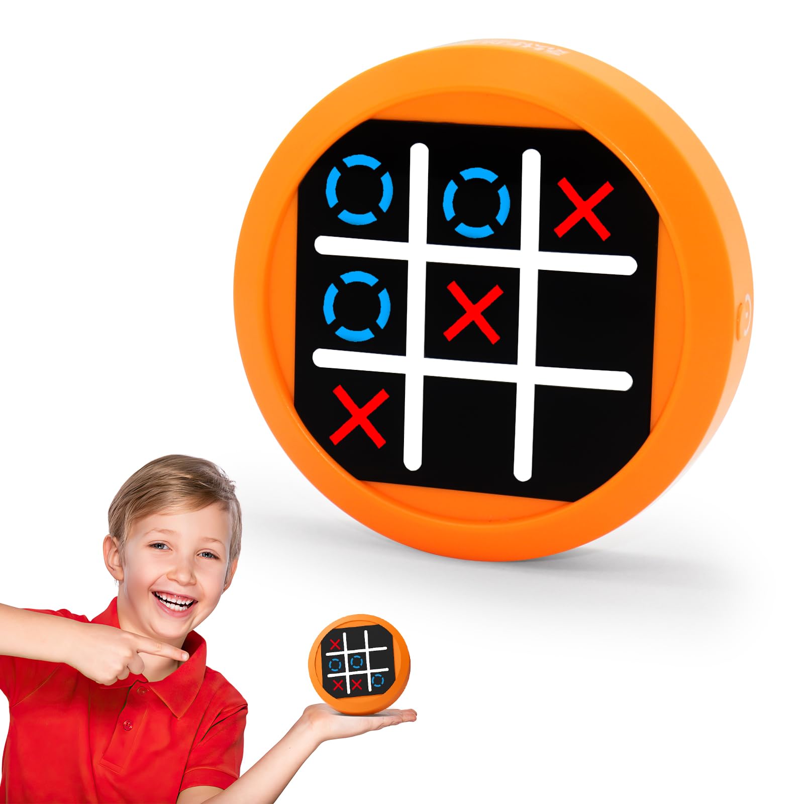 Dollox 4-in-1 Mini Tic Tac Toe Bolt Game, Electronic Handheld Game Puzzle Board Games Console Brain Training Includes Tic Tac Toe, Memory Flash, Whack-a-Mole Family Fun Travel Games (Orange)