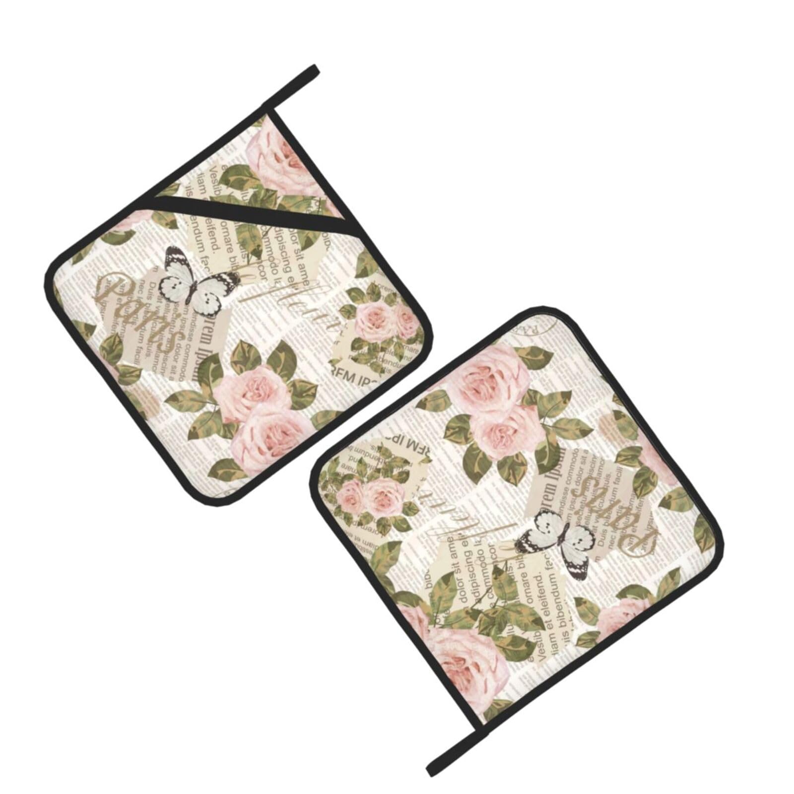 Newspaper Roses Printed Oven Pot Holders Set of 2 Pcs Heat Resistant Kitchen Microwave Potholders for Cooking Baking Grilling