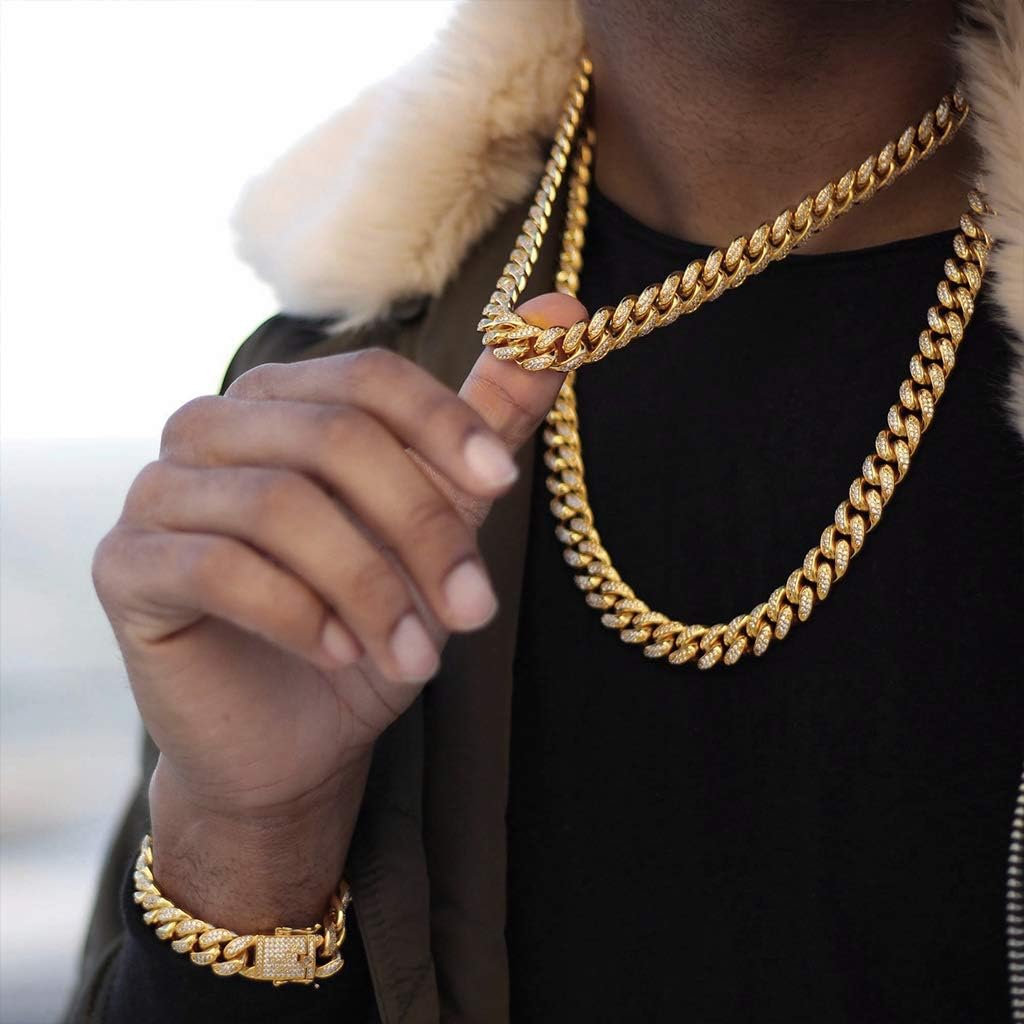 Hip Hop Iced Out Miami Cuban Link Chain Necklace or Bracelet for Men Women, Real 18K Gold/White Gold Plated Diamond CZ Jewelry