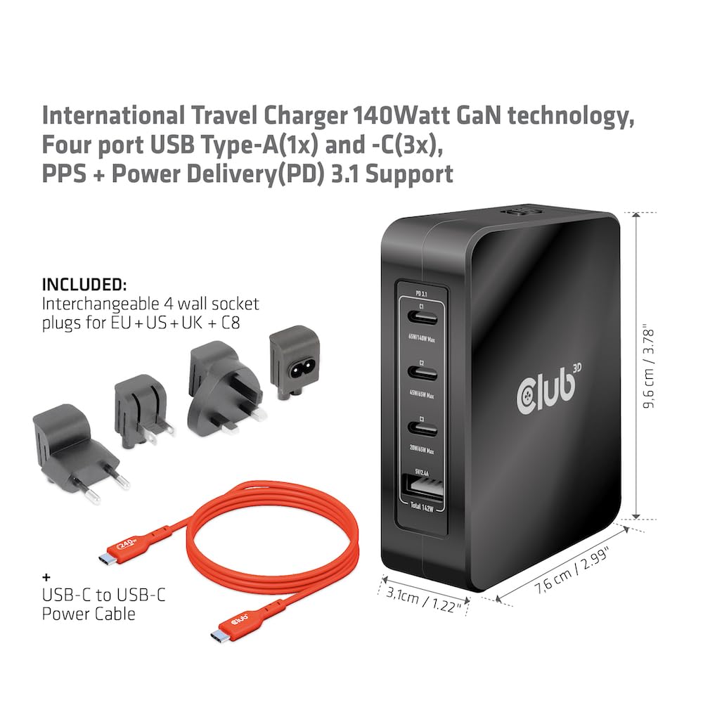 Club 3D CAC-1917 - Caricabatterie da viaggio 140 W, tecnologia GaN, USB tipo A (1x) e tipo C (3X), PPS + Power Delivery (PD) 3.1