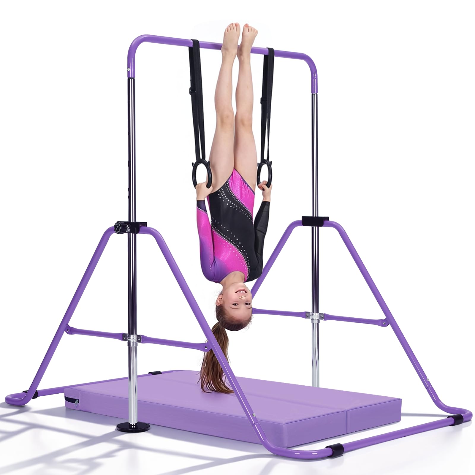 M.J COMFY-LIFE Kids Gymnastics Bar with Mat – Adjustable Easy Assembly Training Kip Bar Horizontal Bar for Home, Gymnastics Equipment for Kid 5-12 years (Purple)