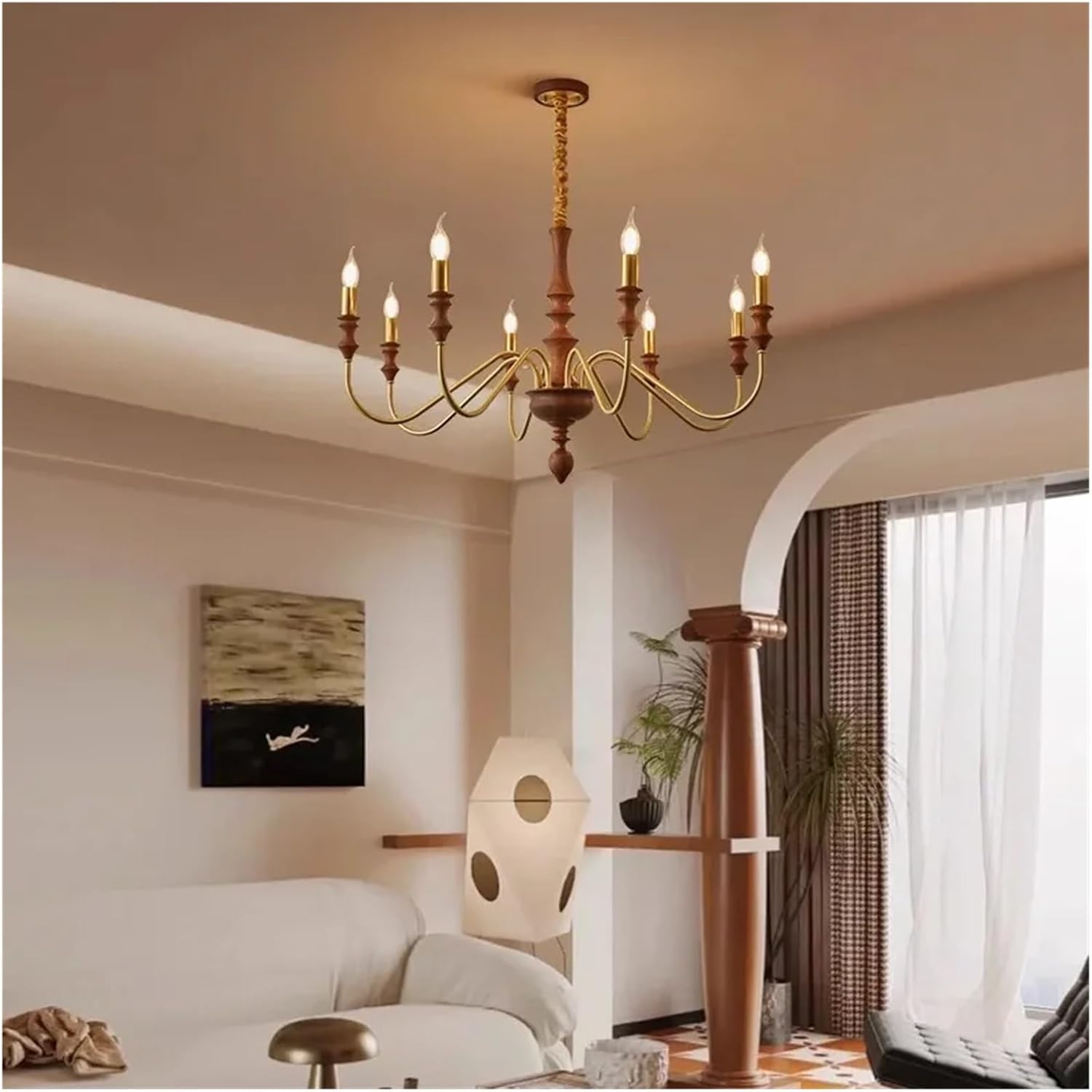 Walnut Wood Brass Candle, Vintage Retro Chandelier Light for Living Room, Bedroom, Dining Room, Study, Kitchen,luminaire