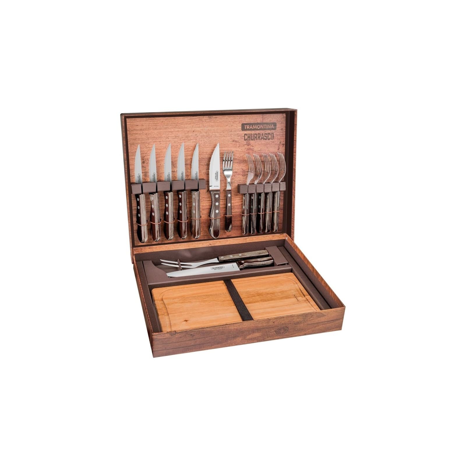Tramontina BBQ-Set Jumbo, 15-TLG., Grillset mit Grillbesteck, Steakbesteck, Schneidebrett aus Teakholz, Rostfreier Edelstahl, FSC-Zertifiziert, Echtholzgriff, Spülmaschinenfest
