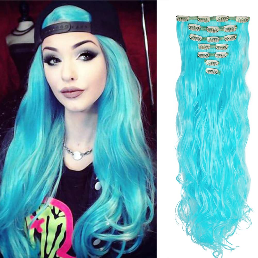 24 Inch Wavy Curly Full Head Clip in on Double Weft Hair Extensions 7Pcs 16 Clips in Synthetic Hair Extensions Sky Blue(160G/Set)