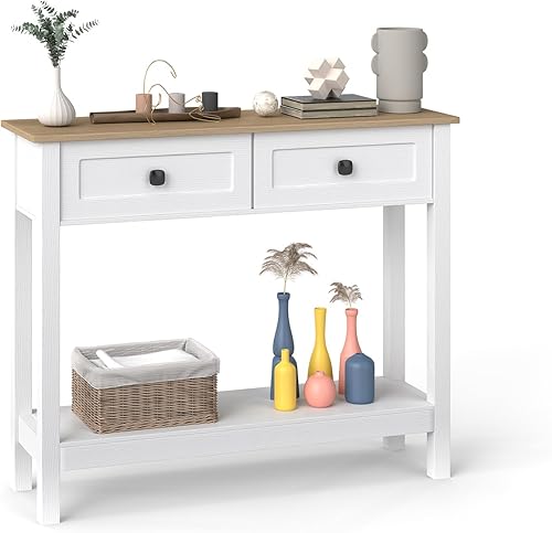 Miniatura 13 de kinbor Accent - Mesa consola blanca con cajón y estante, mesa de sofá de madera con almacenamiento para entrada, pasillo, sala de estar Negro-2