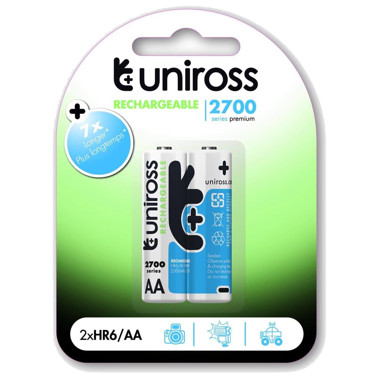 Uniross Pack de 2 Piles Rechargeables AA/HR6 2700 NIMH HYBRIO, 1.2V