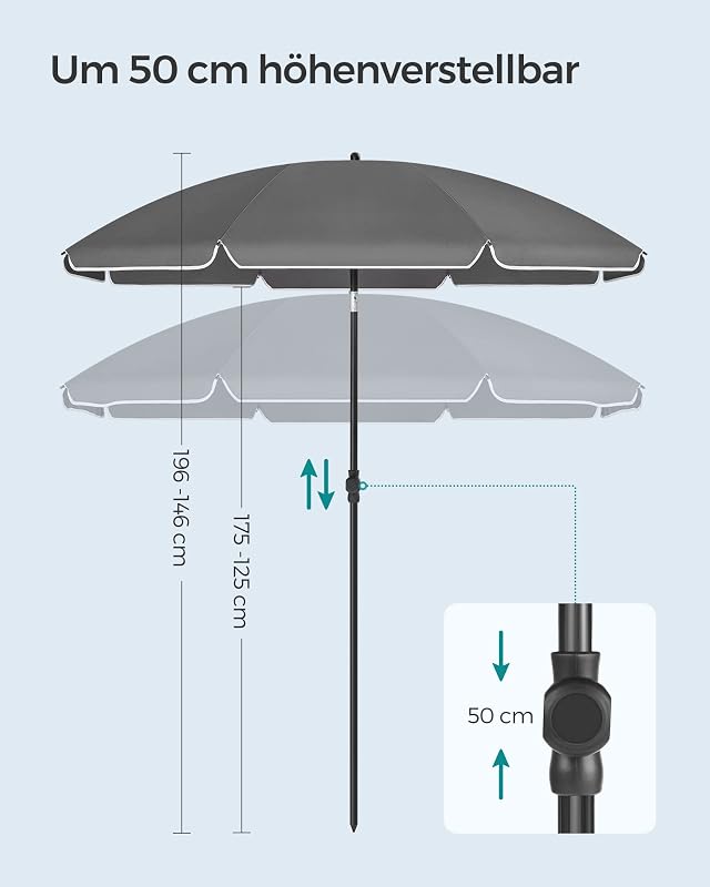 SONGMICS 160 cm-es napernyő UPF 50+ védelemmel, hajlítható, magasságállítható, szürke