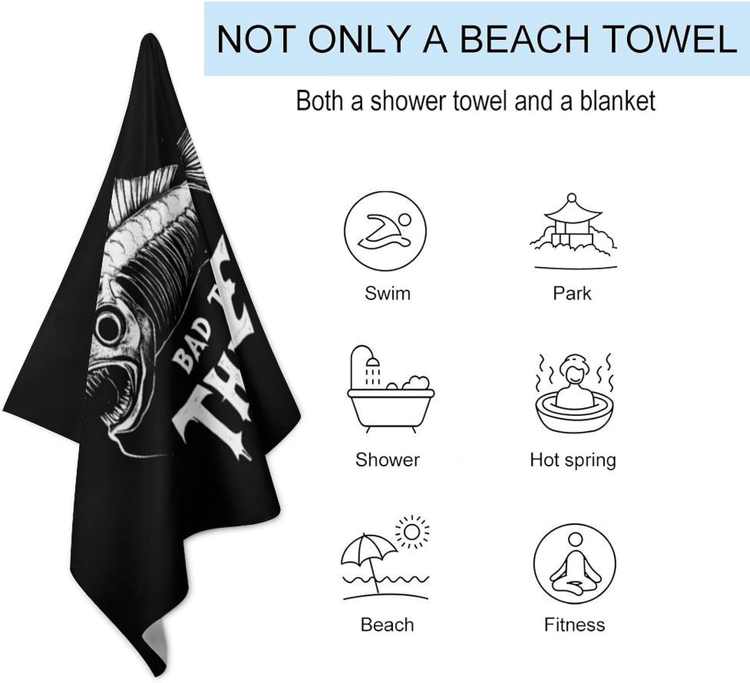 Bad to The Bone Fish Oversized Beach Towel Soft Absorbent Pool Bath Swim Towels for Adults Travel Vacation Gifts 130x80cm