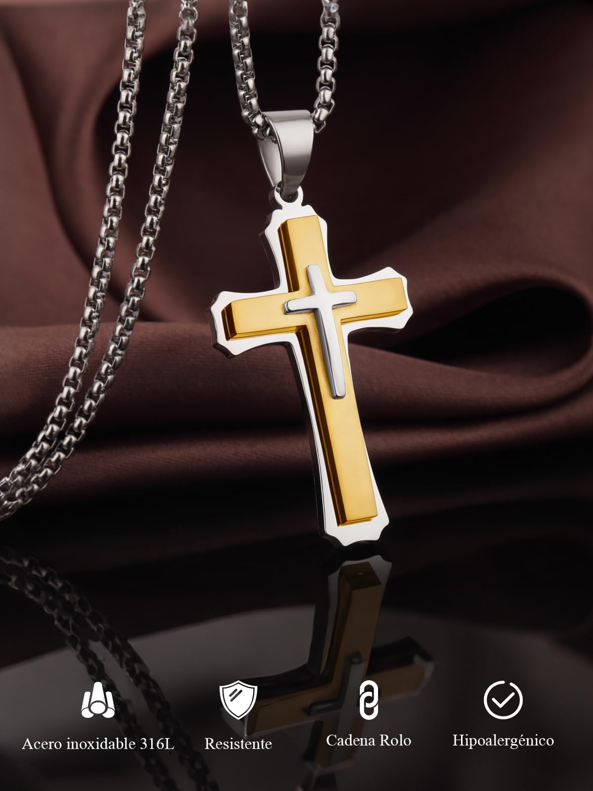 Collar Cruz Hombre Plata/Dorado/Negro Colgante Cruz para Hombre Acero Inoxidable 316L Joyero Cristiano de Cadena